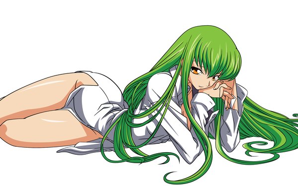 Anime picture 1920x1200 with code geass sunrise (studio) c.c. single long hair fringe highres light erotic wide image yellow eyes payot cleavage lying long sleeves green hair arm support thighs vector naked shirt girl