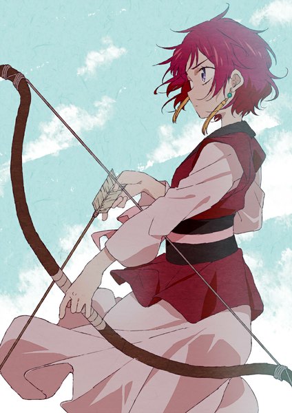 Anime picture 820x1159 with akatsuki no yona studio pierrot yona (akatsuki no yona) purasu no konbu single tall image fringe short hair standing purple eyes holding looking away sky cloud (clouds) red hair traditional clothes japanese clothes profile wind girl