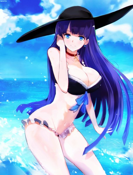 Anime picture 950x1250 with fate (series) fate/grand order martha (fate) martha (swimsuit ruler) (fate) nekoya (liu) single long hair tall image looking at viewer fringe breasts blue eyes light erotic smile large breasts blue hair sky cloud (clouds) blunt bangs groin