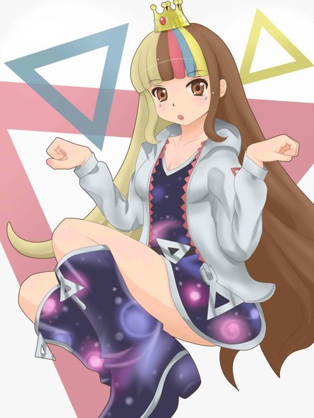 Anime picture 1200x1600 with vocaloid galaco tagme (artist) single long hair tall image blush open mouth blonde hair brown hair brown eyes multicolored hair open clothes open jacket streaked hair girl dress boots crown