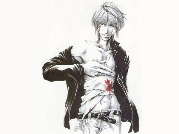 Anime picture 1024x768 with saiyuki genjou sanzou single short hair blonde hair simple background white background monochrome smoking boy navel belt blood bandage (bandages) cigarette jeans