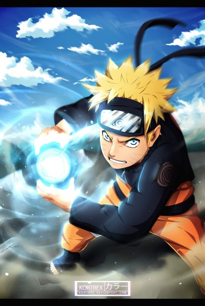 Anime picture 1548x2310 with naruto studio pierrot naruto (series) uzumaki naruto kortrex single tall image short hair blue eyes blonde hair sky cloud (clouds) coloring magic facial mark letterboxed whisker markings angry clenched teeth jinchuriki