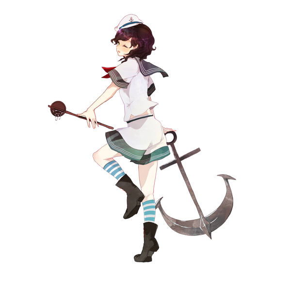 Anime picture 1447x1447 with touhou murasa minamitsu single short hair black hair one eye closed wink transparent background girl socks boots sailor suit peaked cap anchor striped socks