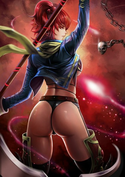 Anime picture 744x1053 with touhou onozuka komachi dantewontdie single tall image looking at viewer fringe short hair breasts light erotic red eyes standing ass red hair looking back wind lips magic glow girl