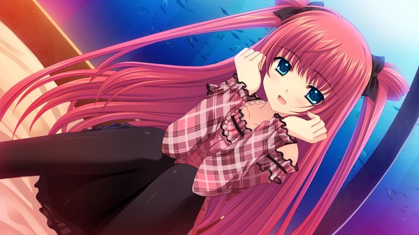 Anime picture 1280x720 with world wide love! (game) yamino yumeko long hair blush blue eyes wide image twintails game cg red hair girl