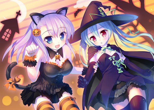 Anime picture 1681x1200 with original takoyaki (roast) long hair blush open mouth red eyes multiple girls green eyes animal ears purple hair green hair cat ears cat girl cat tail witch girl thighhighs dress gloves hair ornament