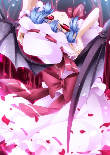 Anime picture 1132x1600 with touhou remilia scarlet moneti (daifuku) single tall image short hair blue hair girl dress bow petals wings bonnet