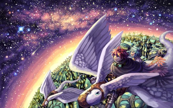 Anime picture 1500x938 with original mura karuki short hair open mouth blue eyes wide image looking away sky red hair aqua hair city flying scenic shooting star riding girl boy animal bird (birds) star (stars)