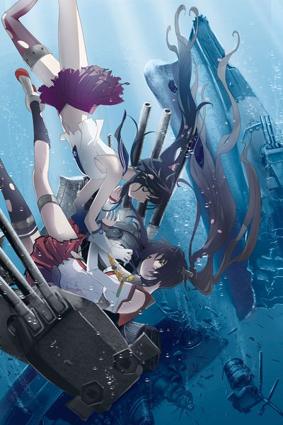 Anime picture 1200x1798 with kantai collection yamato super battleship yahagi light cruiser yonasawa (artist) long hair tall image black hair twintails bare shoulders multiple girls black eyes underwater girl skirt gloves underwear weapon 2 girls petals bubble (bubbles)