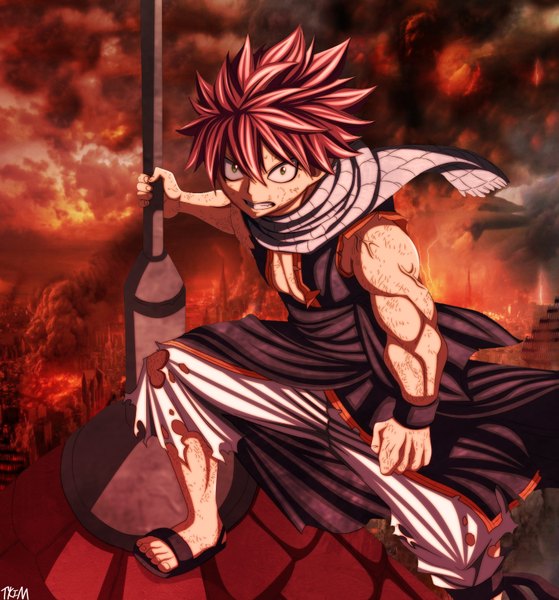 Anime picture 1506x1614 with fairy tail natsu dragneel futuretabs single tall image short hair green eyes pink hair grin coloring torn clothes city smoke muscle angry destruction boy scarf fire wristlet