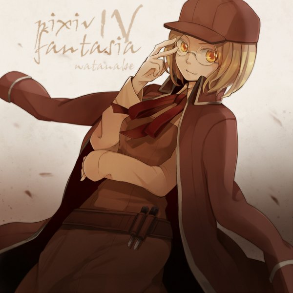 Anime picture 1000x1000 with original pixiv fantasia pixiv fantasia iv tama (songe) single looking at viewer short hair simple background blonde hair smile yellow eyes inscription grey background girl belt flat cap
