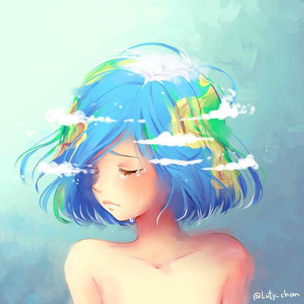 Anime picture 1200x1200 with original earth-chan luty chan single short hair simple background bare shoulders signed blue hair cloud (clouds) upper body eyes closed multicolored hair twitter username tears turning head girl