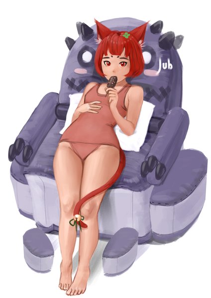 Anime picture 1191x1684 with original milk (jubi) jubi (regiana) single tall image looking at viewer short hair breasts light erotic red eyes bare shoulders holding signed animal ears red hair tail animal tail barefoot cat ears cat girl