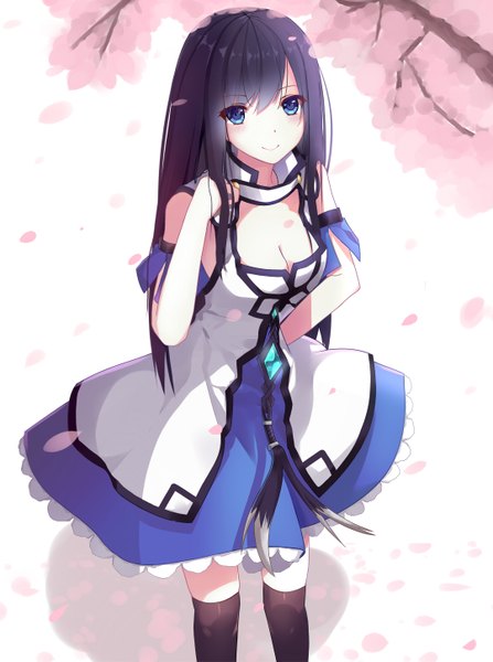 Anime picture 1080x1449 with original unscpro single long hair tall image looking at viewer blush fringe breasts blue eyes black hair smile bare shoulders cleavage from above hand on hip cherry blossoms girl thighhighs black thighhighs