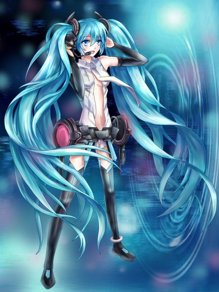 Anime picture 1200x1600 with vocaloid vocaloid append hatsune miku hatsune miku (append) daphne zhang single tall image open mouth twintails very long hair aqua eyes aqua hair girl navel necktie headphones