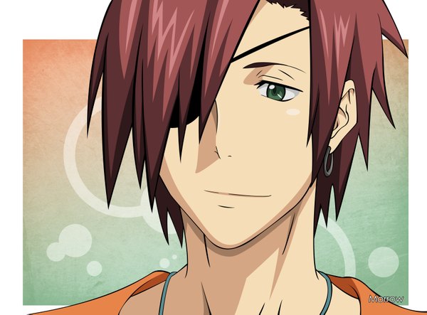 Anime picture 3233x2390 with d.gray-man lavi morrow single highres short hair green eyes absurdres red hair close-up boy earrings eyepatch hoop earrings