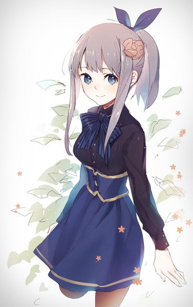 Anime picture 750x1192 with original weee (raemz) single long hair tall image looking at viewer blush fringe blue eyes smile standing payot ponytail from above grey hair girl skirt pantyhose blouse flower (symbol)