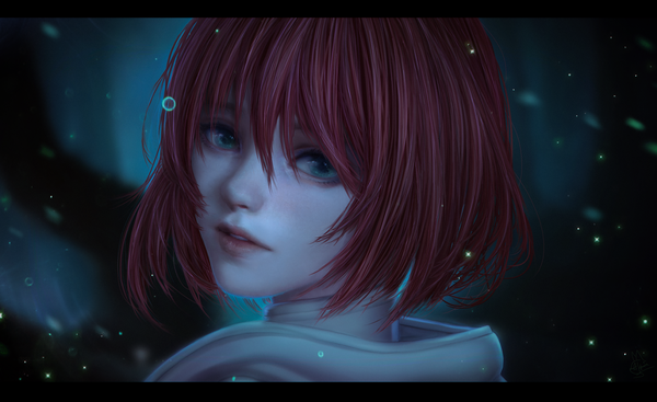 Anime picture 2835x1735 with mahou tsukai no yome wit studio hatori chise alqmia single looking at viewer fringe highres short hair hair between eyes wide image green eyes red hair parted lips realistic letterboxed face girl