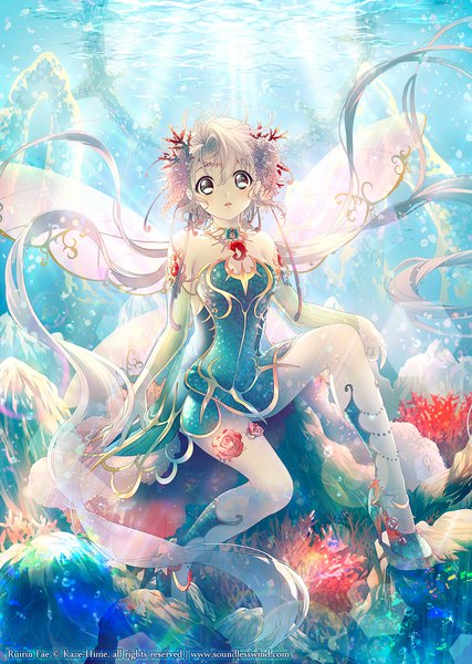 Anime picture 674x947 with original kaze-hime single tall image looking at viewer blush sitting bare shoulders cleavage silver hair full body white hair very long hair high heels floating hair underwater girl dress detached sleeves wings