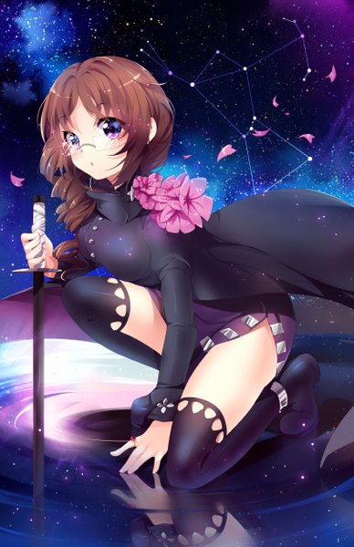 Anime picture 809x1250 with gaia online squchan single long hair tall image brown hair bent knee (knees) pink eyes :o drill hair reflection constellation girl thighhighs flower (flowers) weapon black thighhighs petals sword glasses