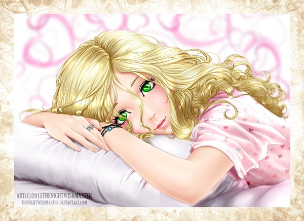 Anime picture 2200x1600 with original martina (thenightwishmaster) thenightwishmaster single long hair looking at viewer highres blonde hair green eyes lips eyebrows framed girl bracelet pillow