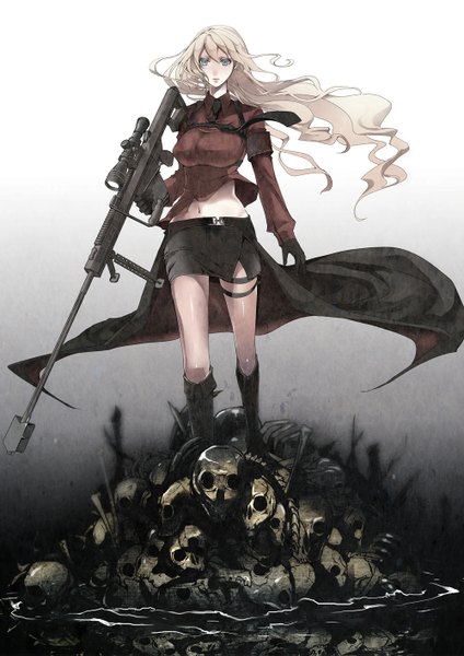 Anime picture 1000x1415 with original nicole pmonachi single long hair tall image looking at viewer breasts blue eyes blonde hair large breasts standing wind girl skirt gloves weapon water boots gun skull