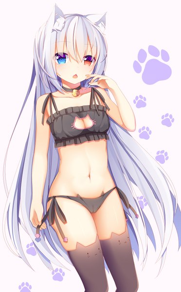 Anime picture 2480x4000 with original jyt single tall image looking at viewer highres open mouth blue eyes light erotic simple background red eyes white background bare shoulders animal ears absurdres cleavage silver hair very long hair cat ears underwear only