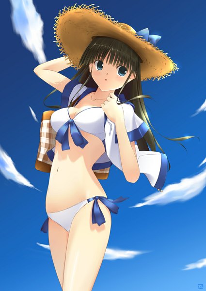 Anime picture 800x1130 with comic party hasebe aya zenzen single long hair tall image blue eyes black hair cloud (clouds) girl navel swimsuit hat bikini bag