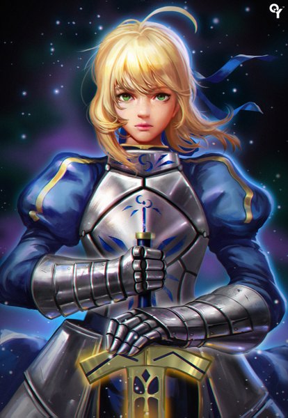 Anime picture 1000x1447 with fate (series) fate/stay night type-moon artoria pendragon (all) saber liang xing single long hair tall image looking at viewer blonde hair green eyes realistic girl dress weapon sword armor armored dress