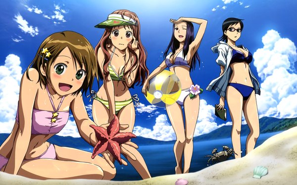 Anime picture 1920x1200 with highres wide image beach swimsuit bikini book (books) beachball starfish crab mihoshi akeno sora no manimani makita hime yarai sayo akeno mihoshi kotozuka fumie