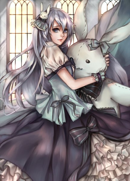 Anime picture 647x900 with original seo-jin long hair tall image looking at viewer blue eyes standing blue hair light smile hug light girl dress hair ornament bow animal window toy stuffed animal bunny