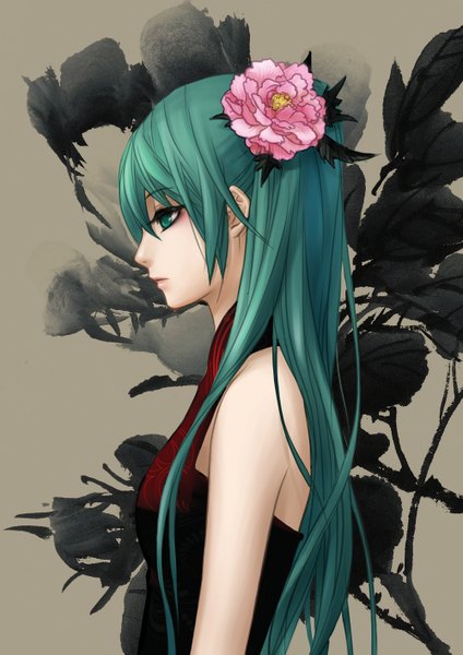 Anime picture 1000x1415 with vocaloid hatsune miku ask (askzy) single long hair tall image green eyes profile hair flower green hair girl dress hair ornament