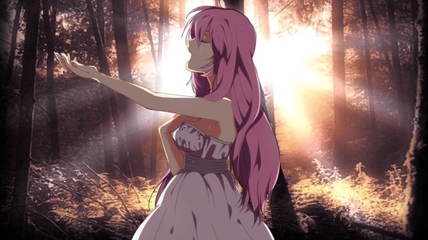 Anime picture 1500x844 with vocaloid megurine luka marirero a single long hair open mouth wide image pink hair eyes closed evening sunset girl dress plant (plants) tree (trees) white dress