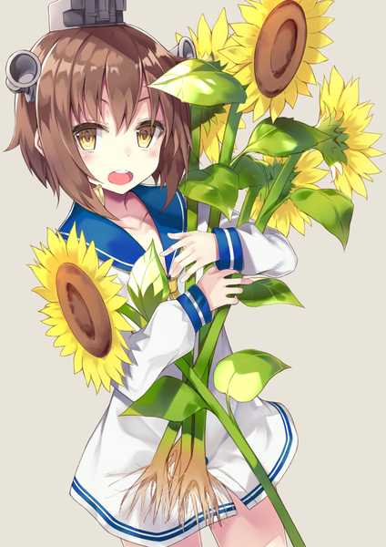 Anime picture 752x1064 with kantai collection yukikaze destroyer mafu9 single tall image blush fringe short hair open mouth simple background hair between eyes brown hair brown eyes looking away grey background girl uniform flower (flowers) serafuku sunflower