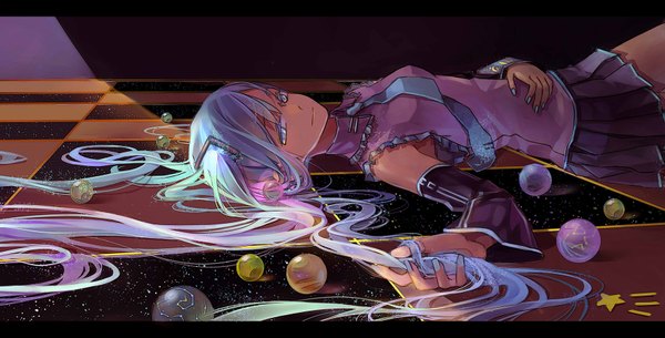 Anime picture 1713x873 with vocaloid hatsune miku momozi (mkingnight) single fringe highres wide image twintails lying very long hair nail polish aqua eyes fingernails light smile shadow on back checkered floor floor girl skirt