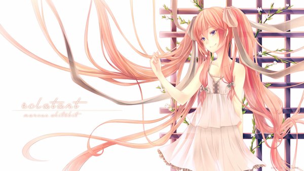 Anime picture 1024x576 with original kiyopee single smile wide image white background purple eyes twintails pink hair very long hair inscription girl dress ribbon (ribbons) hair ribbon sundress