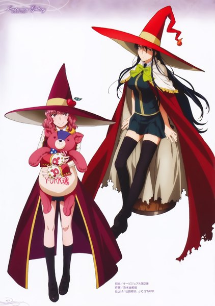 Anime picture 4245x6038 with witch craft works j.c. staff kagari ayaka takamiya kasumi long hair tall image blush highres black hair smile white background multiple girls brown eyes pink hair absurdres official art witch girl thighhighs skirt