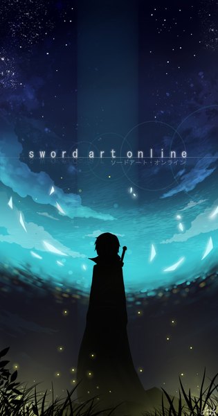 Anime picture 1000x1900 with sword art online a-1 pictures kirigaya kazuto single tall image standing sky cloud (clouds) night copyright name back glowing silhouette boy weapon plant (plants) sword star (stars) fireflies