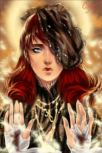 Anime picture 776x1165 with original juliette syrkell single long hair tall image looking at viewer blue eyes brown hair red hair light girl pendant feather (feathers) veil hands