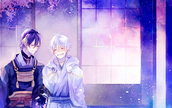 Anime picture 800x506 with touken ranbu nitroplus tsurumaru kuninaga mikazuki munechika hanamori blush fringe short hair open mouth smile hair between eyes sitting yellow eyes silver hair purple hair traditional clothes japanese clothes multiple boys boy gloves