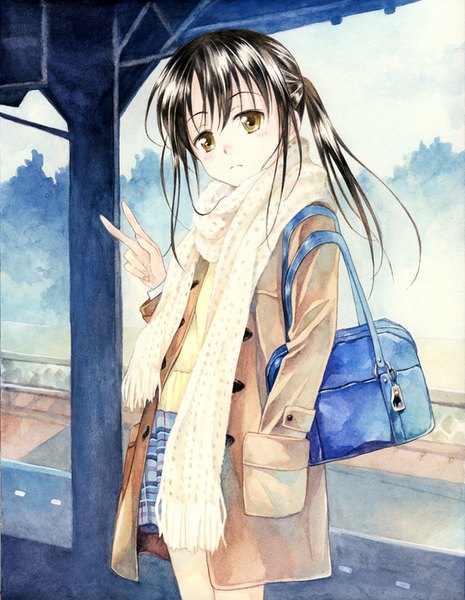 Anime picture 681x879 with original agahari single long hair tall image looking at viewer blush black hair brown eyes ponytail victory hand in pocket traditional media watercolor (medium) girl uniform school uniform scarf school bag coat