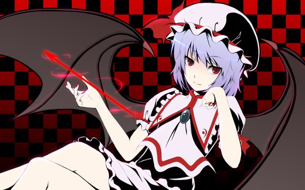 Anime picture 1600x1000 with touhou remilia scarlet gayprince single short hair red eyes wide image purple hair nail polish bat wings checkered background girl wings arrow (arrows) spear the gungnir