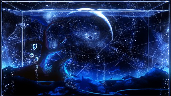 イラスト 2560x1440 と オリジナル y y (ysk ygc) highres wide image night night sky underwater no people bare tree crack 植物 動物 木 水 水泡 魚 遊星 earth aquarium