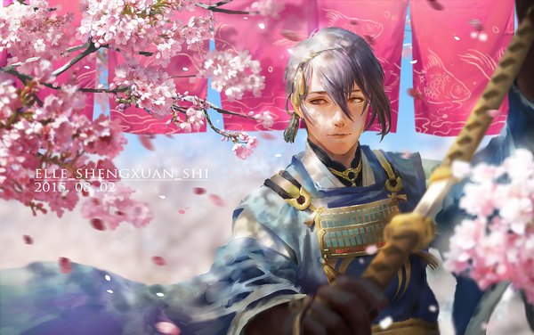 Anime picture 1600x1005 with touken ranbu nitroplus mikazuki munechika lost elle single looking at viewer fringe short hair blue eyes holding sky purple hair traditional clothes japanese clothes light smile wind realistic cherry blossoms dated mountain