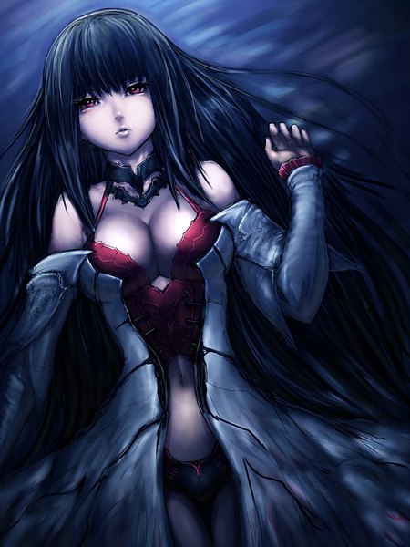 Anime picture 810x1080 with lord of vermilion rishia fumio (rsqkr) single long hair tall image looking at viewer breasts light erotic black hair red eyes bare shoulders cleavage lying from above lips on back girl navel detached sleeves