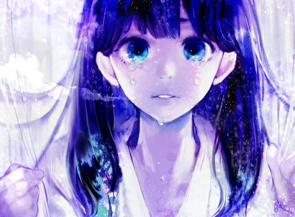 Anime picture 950x700 with original tcb (pixiv) single long hair looking at viewer fringe blue eyes purple hair fingernails lips tears close-up girl teardrop