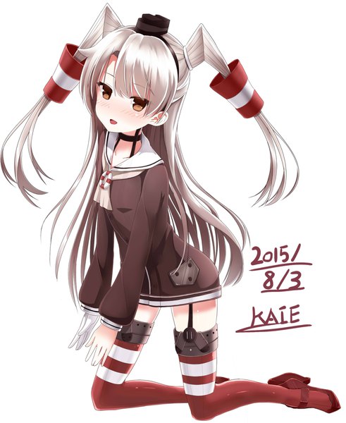 Anime picture 1800x2200 with kantai collection amatsukaze destroyer kaie single long hair tall image looking at viewer blush highres open mouth simple background white background brown eyes signed head tilt grey hair two side up kneeling dated girl