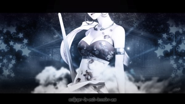 Anime picture 1600x900 with original zhang xiao bai single wide image realistic inscription tattoo piercing girl navel earrings star (symbol)