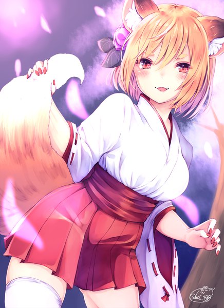 Anime picture 1455x2000 with original chita (ketchup) single tall image looking at viewer blush fringe short hair open mouth smile hair between eyes standing holding brown eyes signed animal ears outdoors tail nail polish traditional clothes