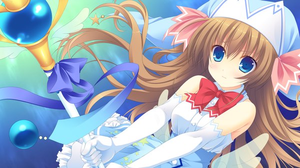 Anime picture 1280x720 with magical dears uino maho single long hair looking at viewer blue eyes brown hair wide image game cg girl dress gloves bow elbow gloves white gloves staff